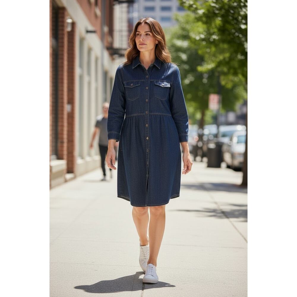 FRYE Denim Shirt Dress Women L Navy Western Core Long Sleeve Collar Button Front - Picture 1 of 7